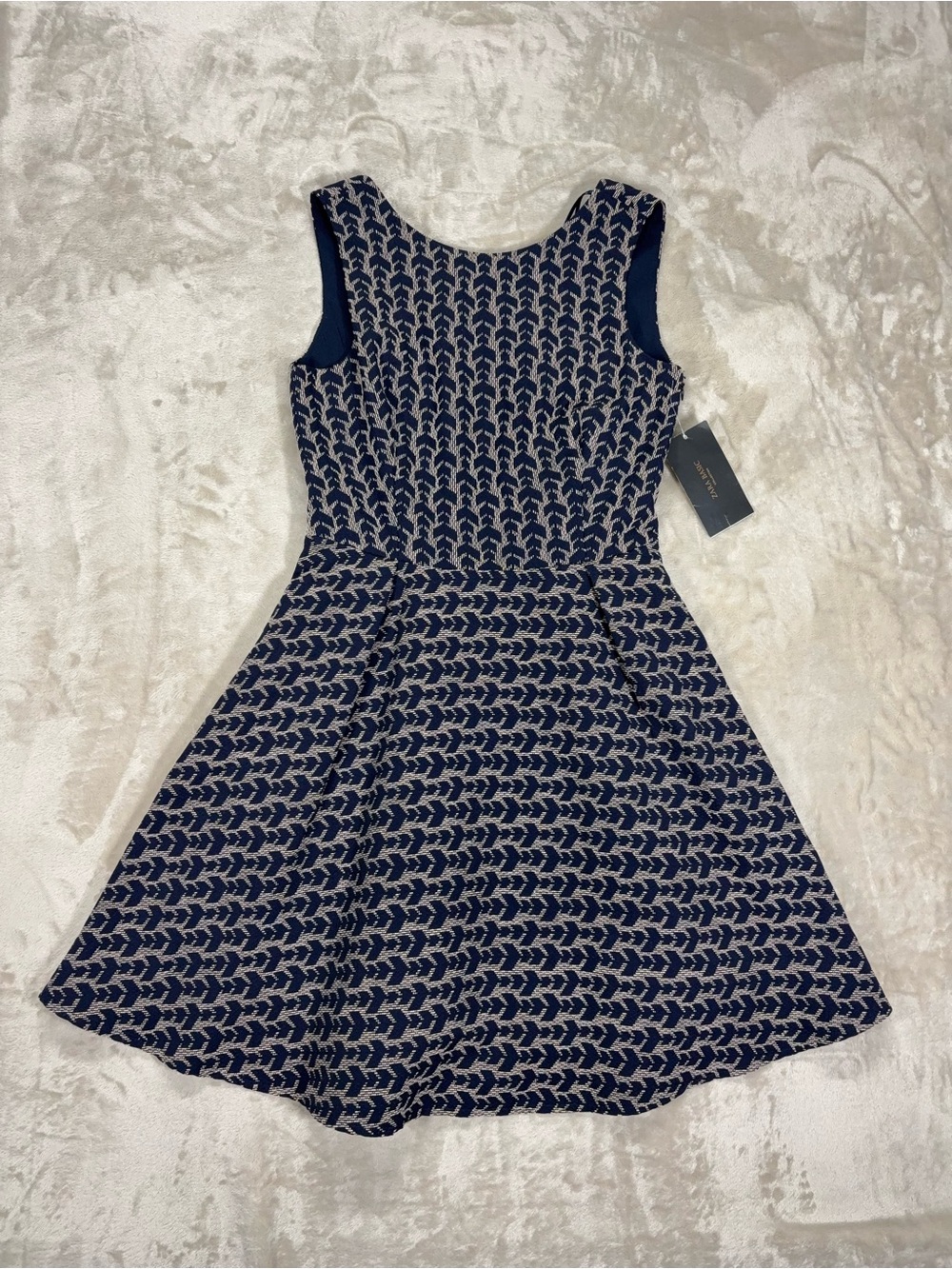 Zara Open Back Cross Strap Fit & Flare Dress NWT Navy Beige M - Picture 2 of 13